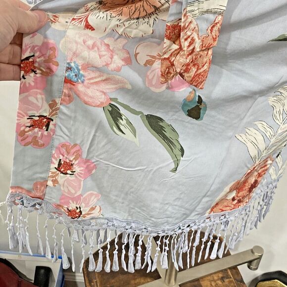 Romantic kimono wrap robe Boho blue pink floral soft cotton lace tassel trim OS - Picture 4 of 11